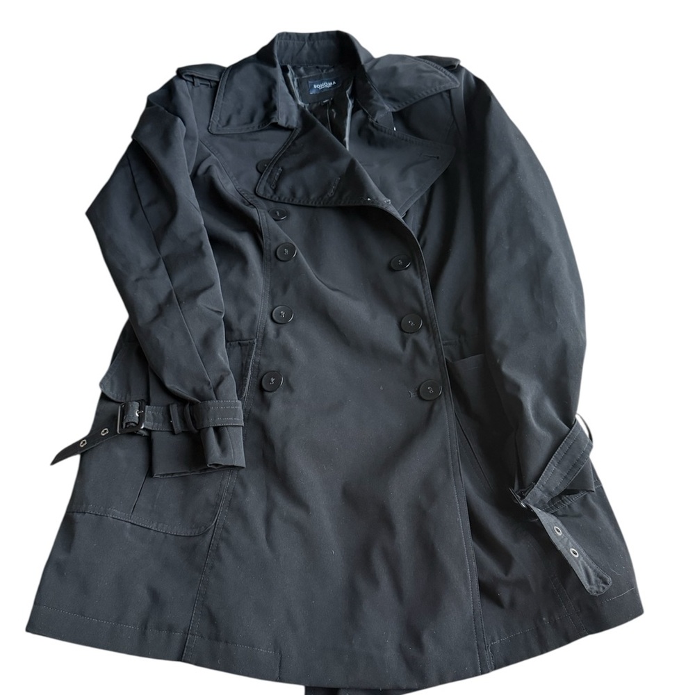 Sonoma Women's Black Size L Rain Trench Coat with Belt Long Cold Classy Clean‎